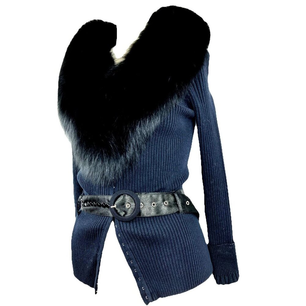M Vintage Boston Proper Y2k Ribbed Fox Fur Collar Cardigan Jacket Midnight Blue